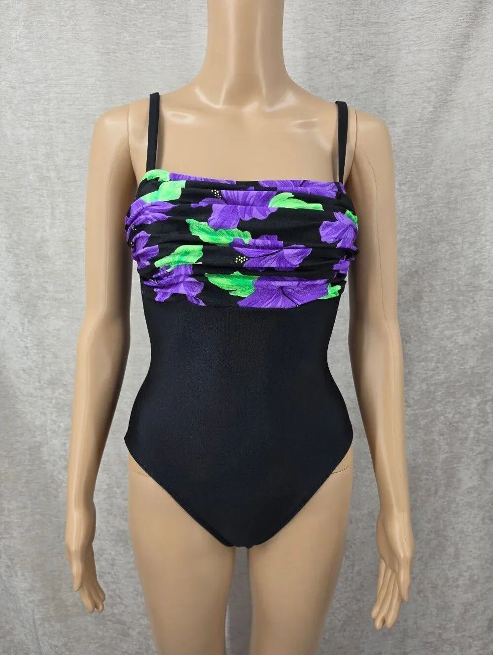 Vintage La Blanca Black One-Piece with Purple & Green Floral Ruched Bust
